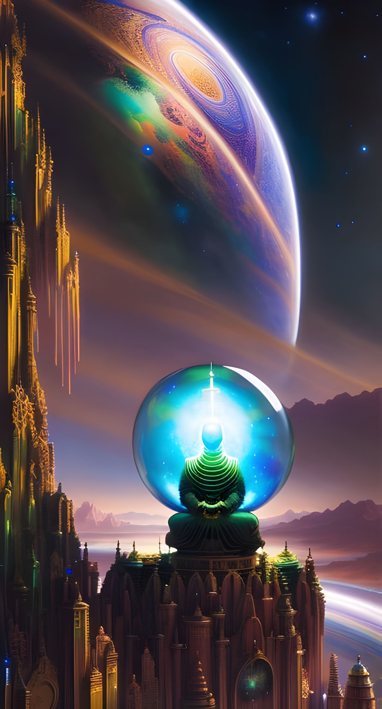 Meditating Monk in Luminous Sphere, Digital Art