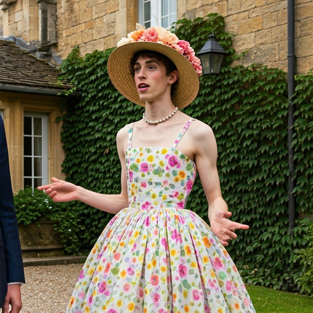 Elegant Young Man in Floral Dress, Confidently Conversing Ou...