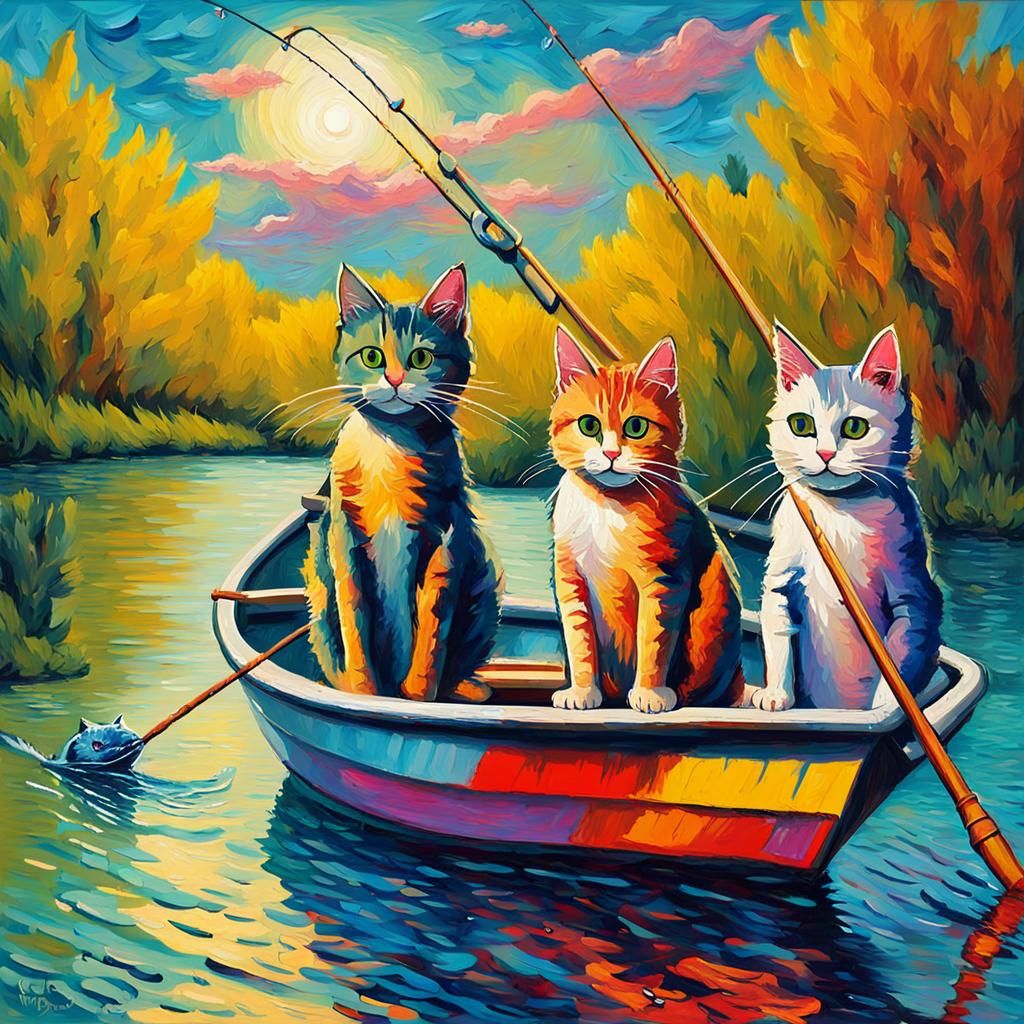 Cats Fishing in Boat: Neo-Impressionist Oil Painting