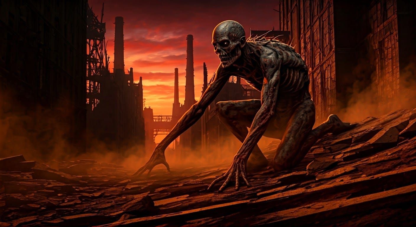 Grotesque Zombie Creature in Ruined Cityscape at Dusk