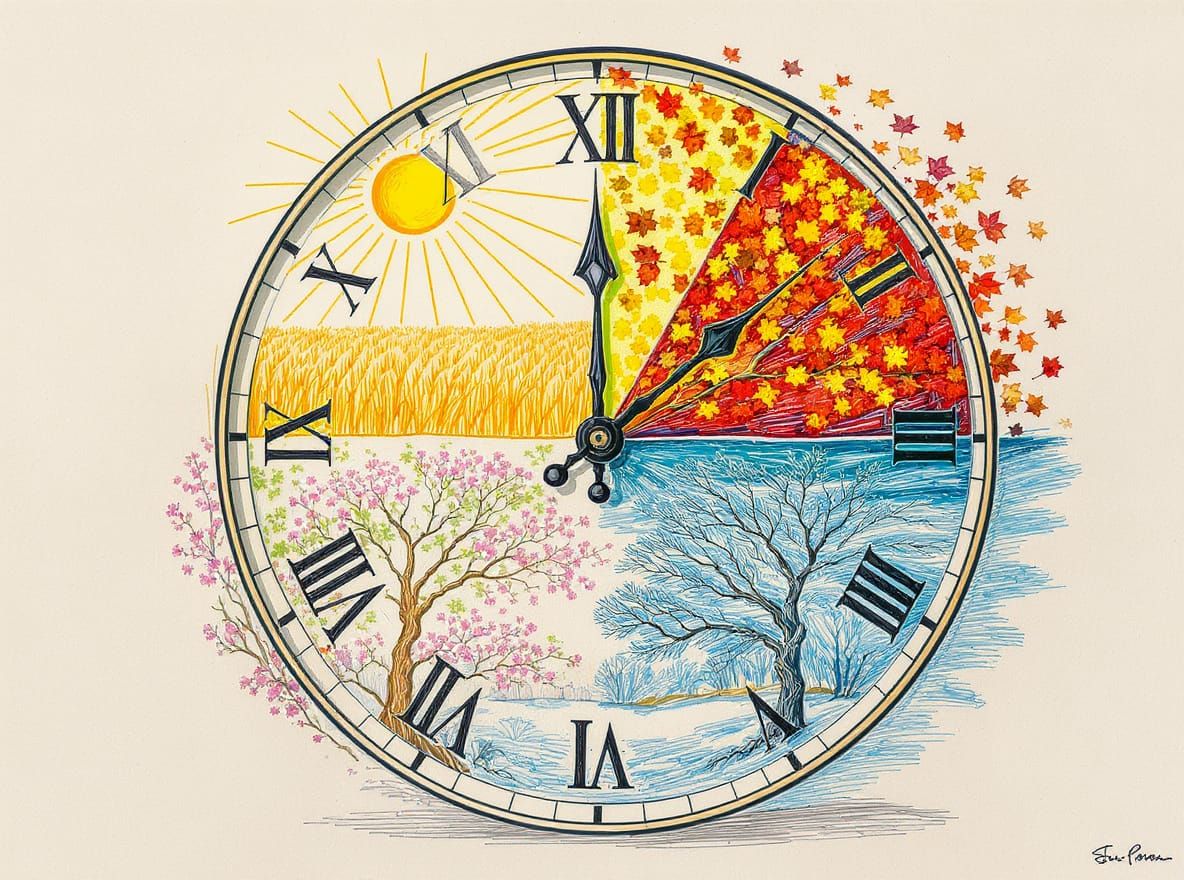 Clock Face Showing Four Seasons With Hands at 5:00