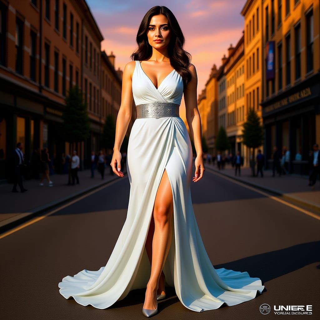 Elegant Woman in Gown with Dramatic Lighting