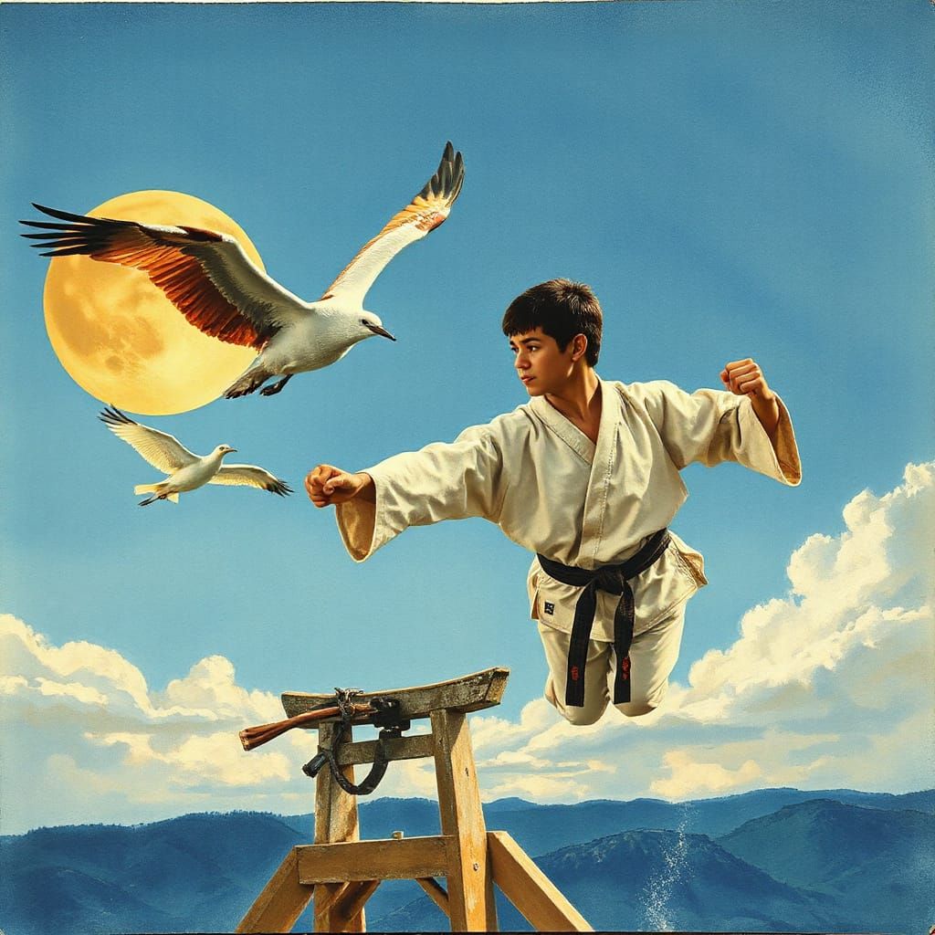 Karate Kid and Crane Artwork in Klimt Style
