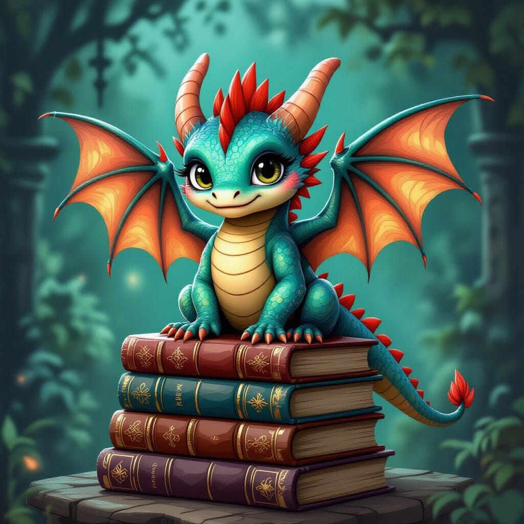 Adorable Baby Dragon with Iridescent Wings as Gothic Art