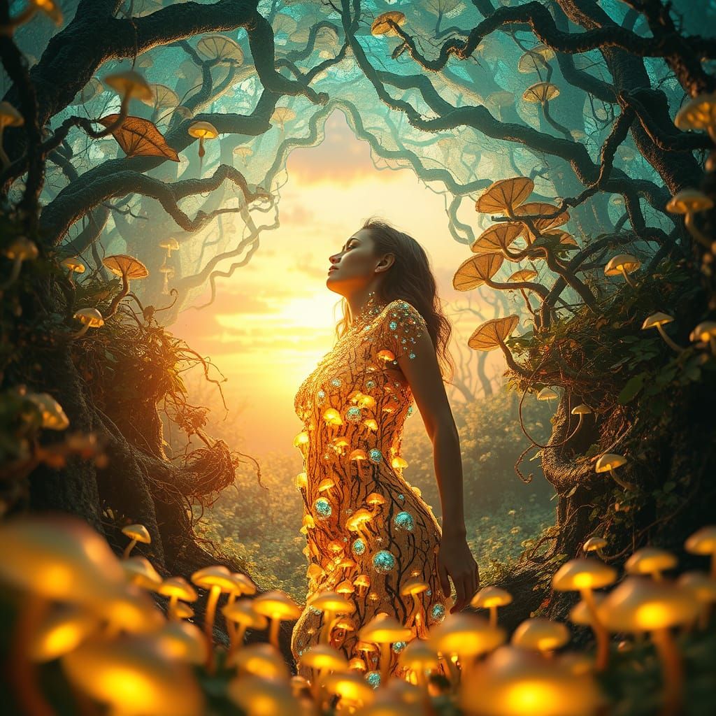 Woman Embracing Luminous Mushroom Mycelium in Vibrant Sunset...