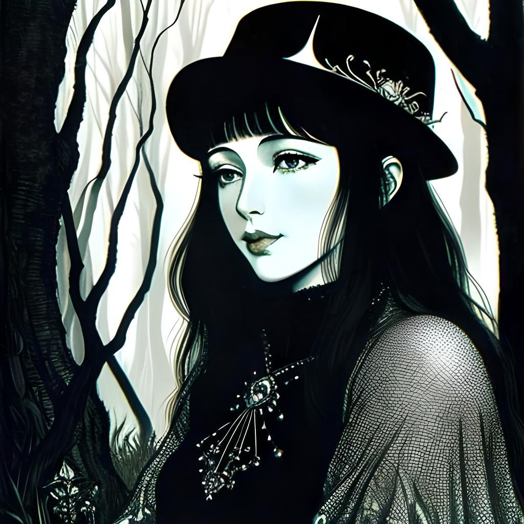 Antlered Woman in Moody Forest: Classic Illustration Style