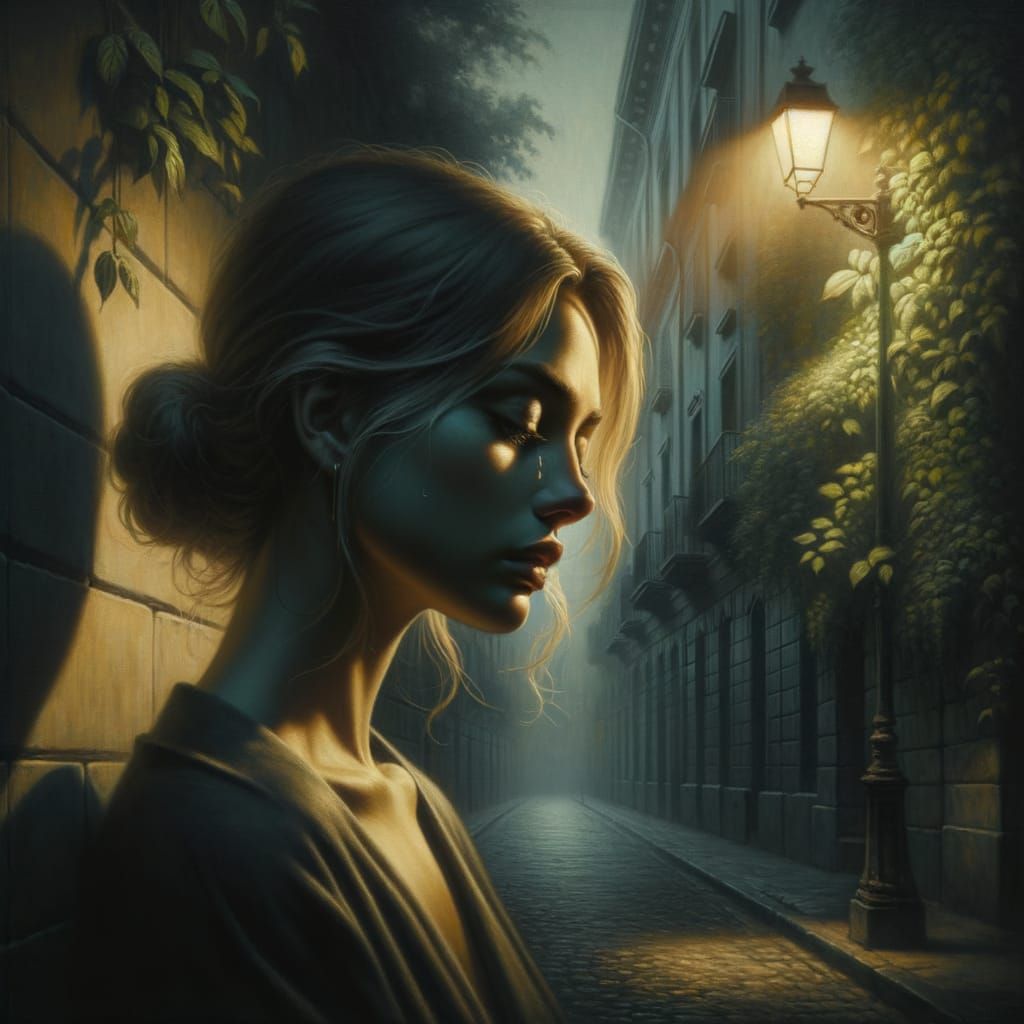 Woman in Streetlight Glow with Jungle Vines, 19th Century Re...