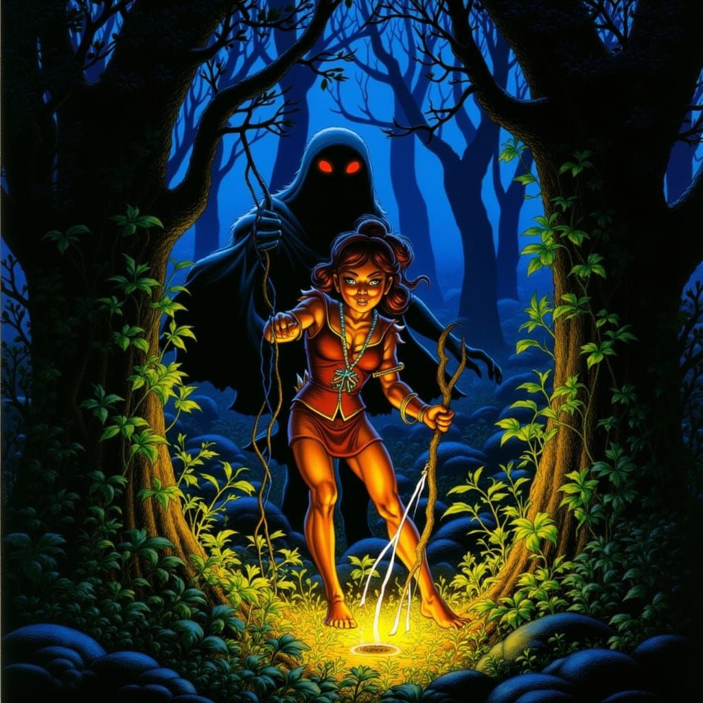 Woman Seeks Herbs in Dark Forest with Predator Stalking