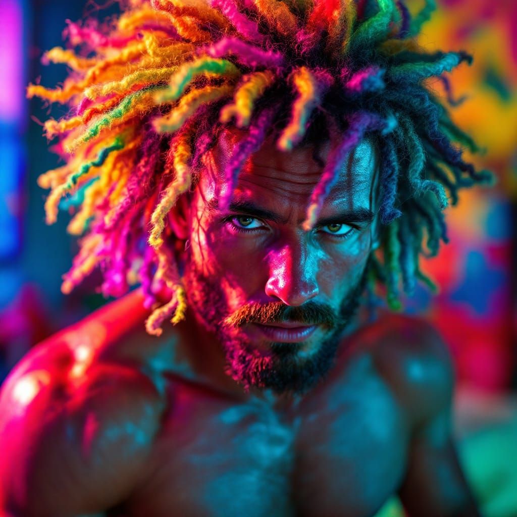 Muscular Bodybuilder with Rainbow Hair in Vibrant Room