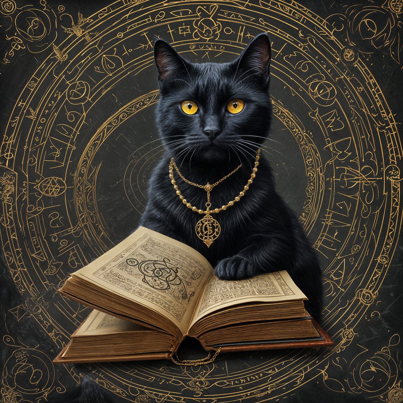 Black cat wizard studying mystical symbols.