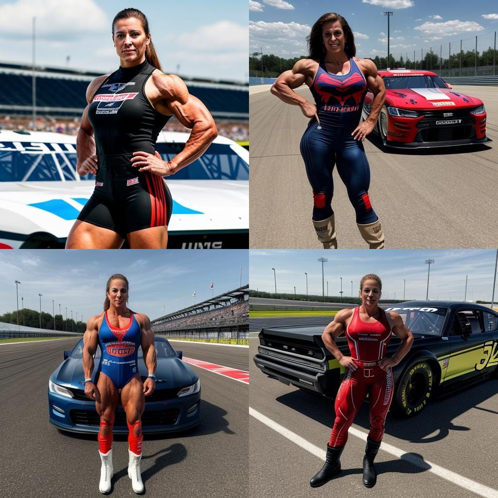 Muscular Female Bodybuilder as NASCAR Driver