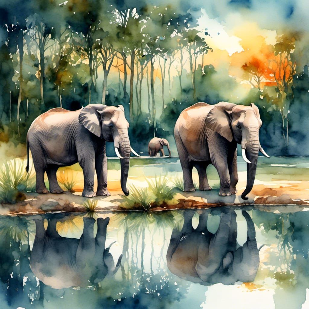 Elephants by Pond at Night in Watercolor Illustration