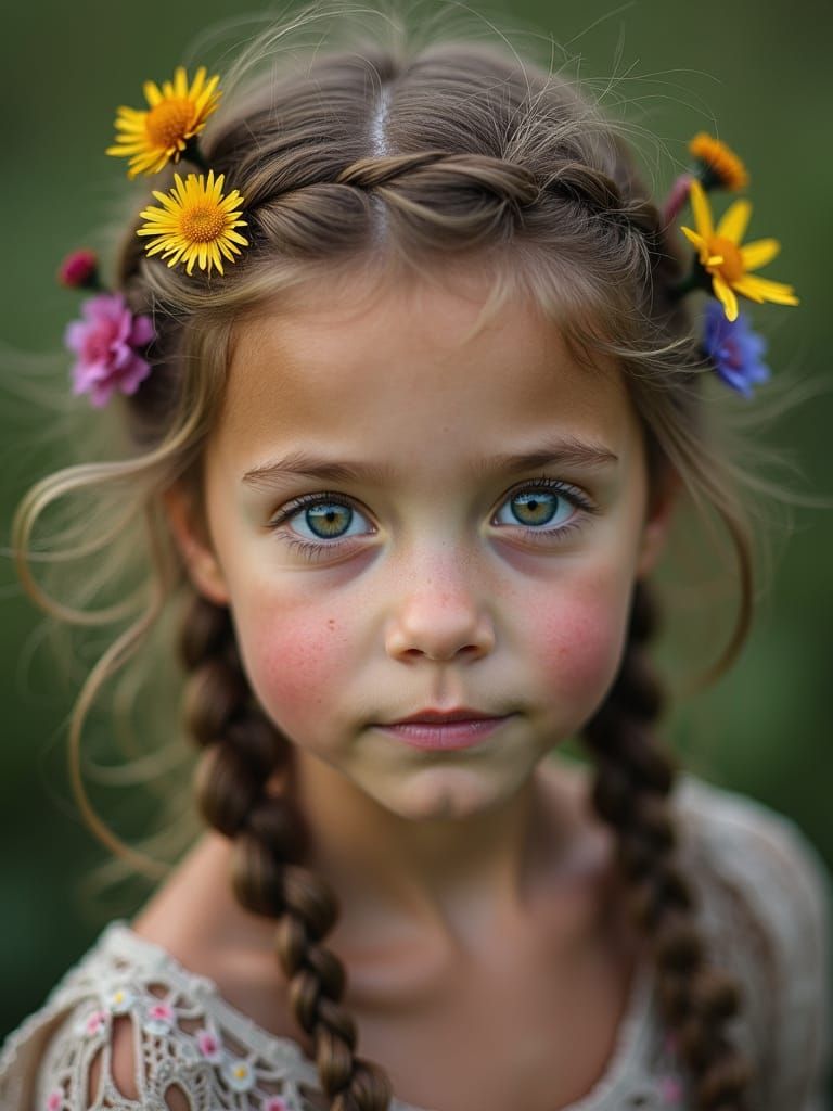 Curious Girl Portrait with Wildflower Braids