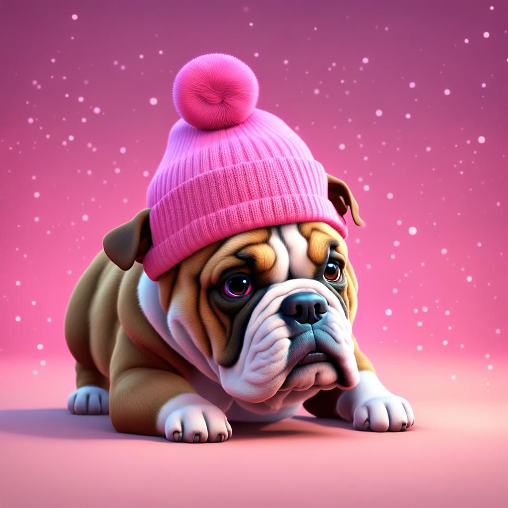 cute Christmas brown English bulldog with a pink beanie