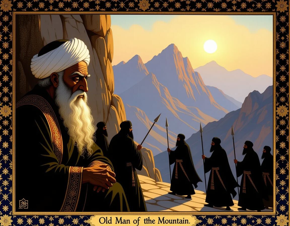 Persian Art Style Old Man of Mountain Guarded by Hashashins