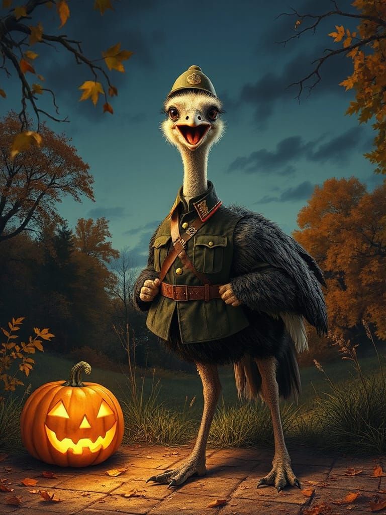 Emu Soldier in Vintage Uniform with Halloween Glow