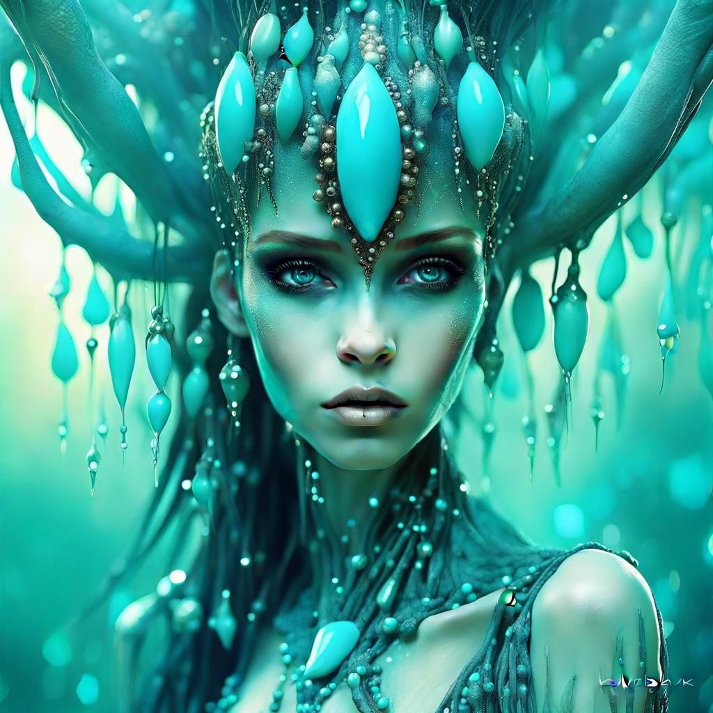 Porcelain Alien Girl with Turquoise Fruits