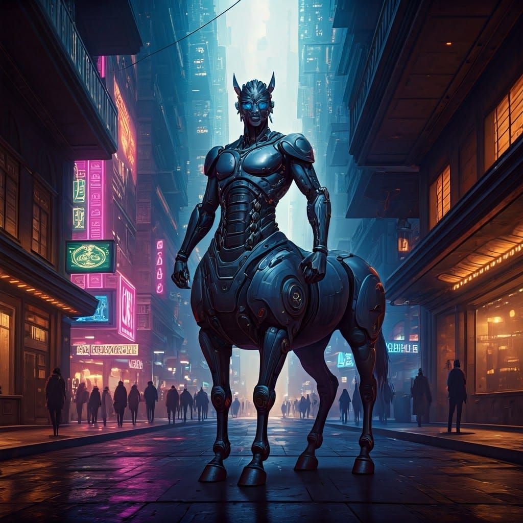 Cyberpunk Centaur in Neon Cityscape