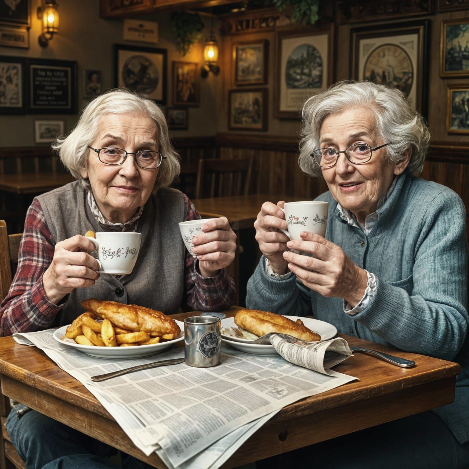 Vintage Women Enjoying Traditional British Comfort Food