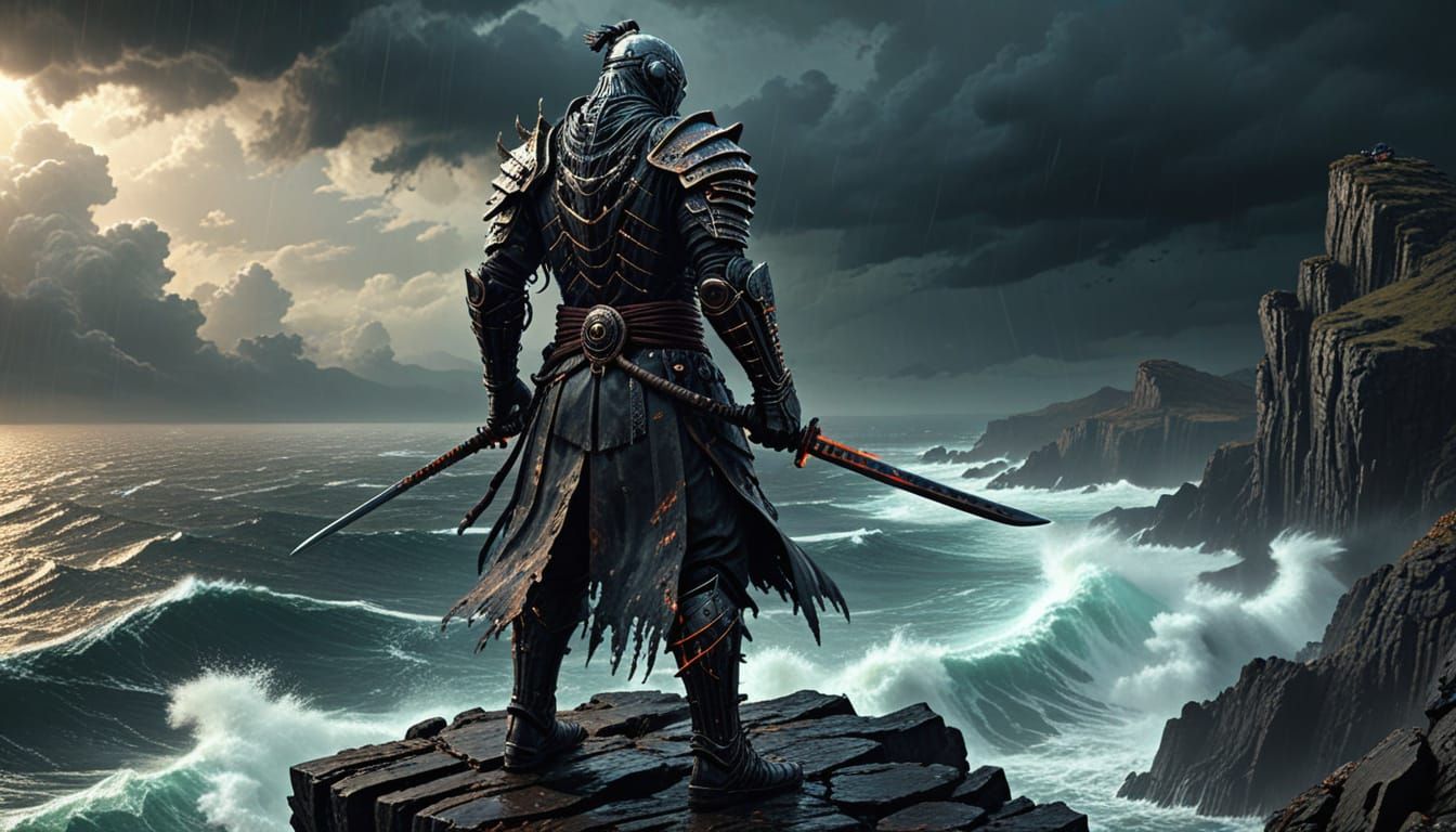 Biomechanical Warrior on Stormy Cliff, Fantasy Concept Art
