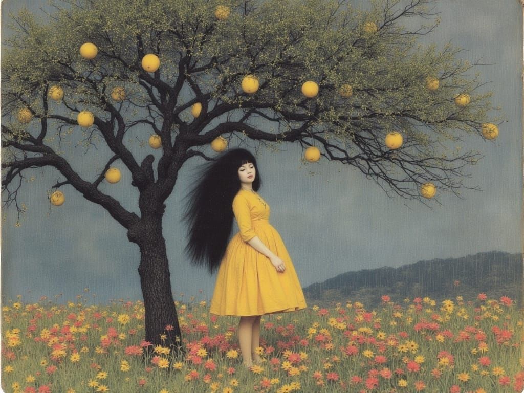 Woman Among Vibrant Wildflowers Under a Lemon Tree in Soft W...