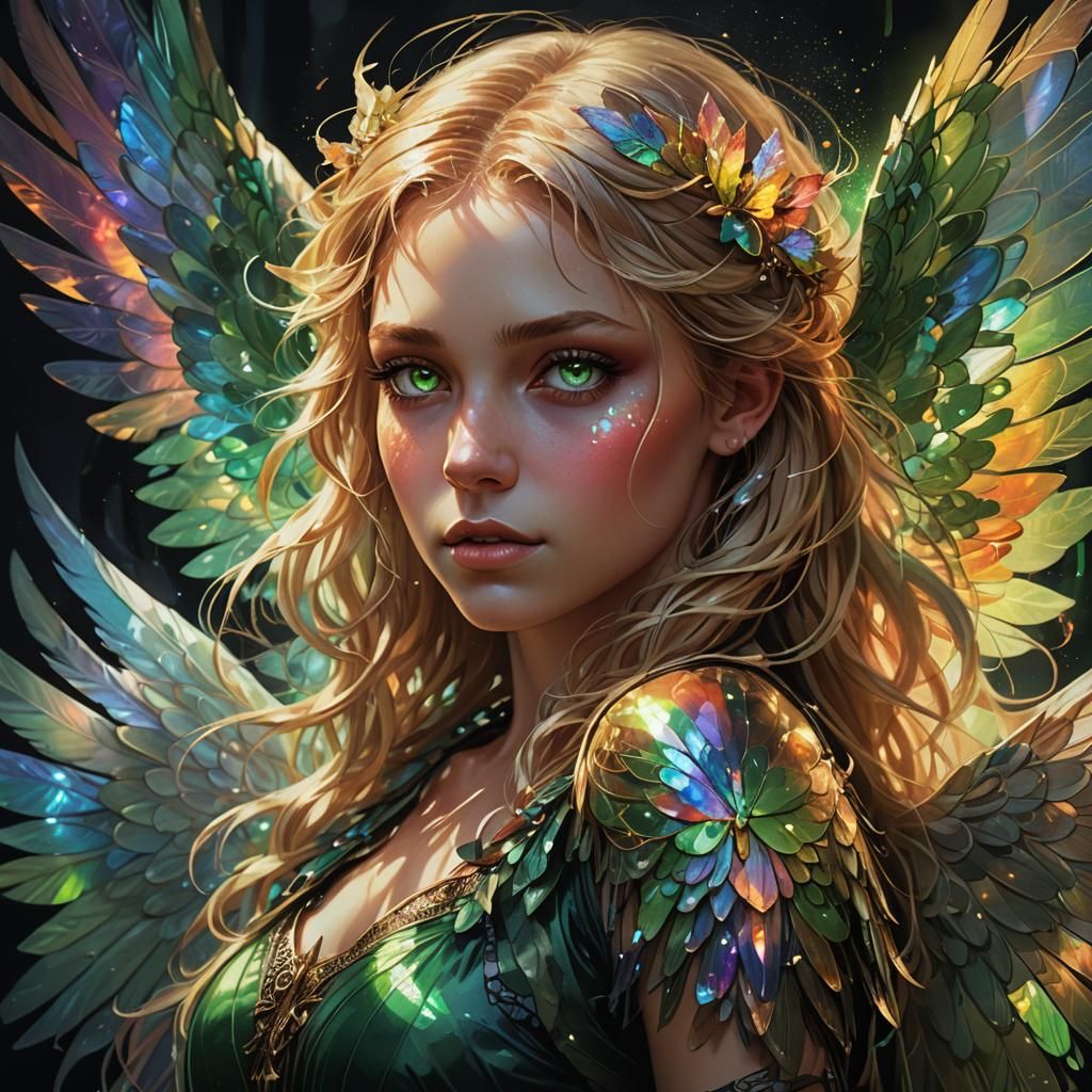 Fantasy Portrait with Iridescent Wings, Art Nouveau Style