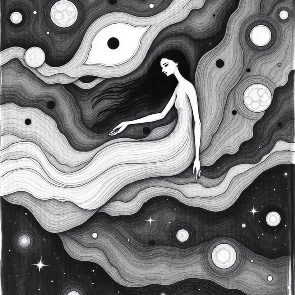 Mystical Woman in Dreamlike Etching Style