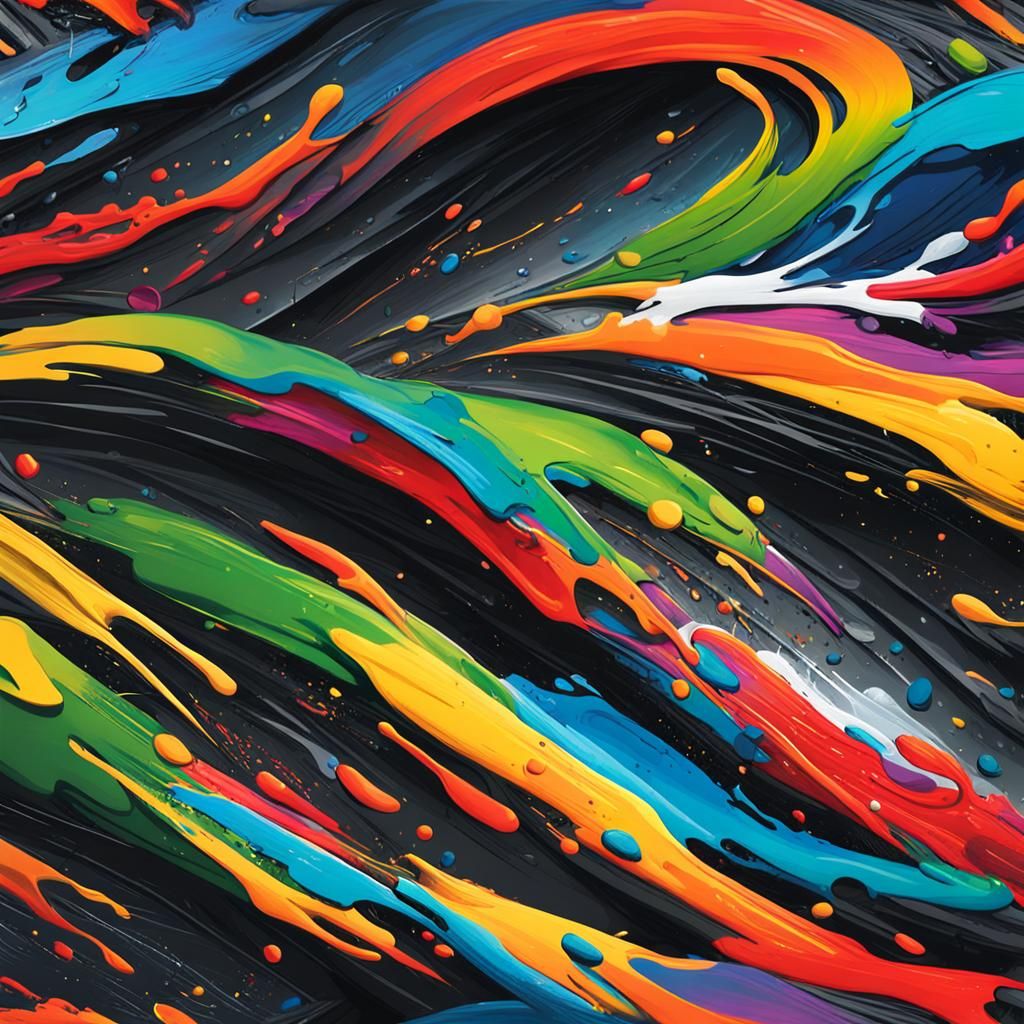 A rainbow in the wind with a dark sky in the style of Jackson Pollack. graffiti art, splash art, street art, spray paint...