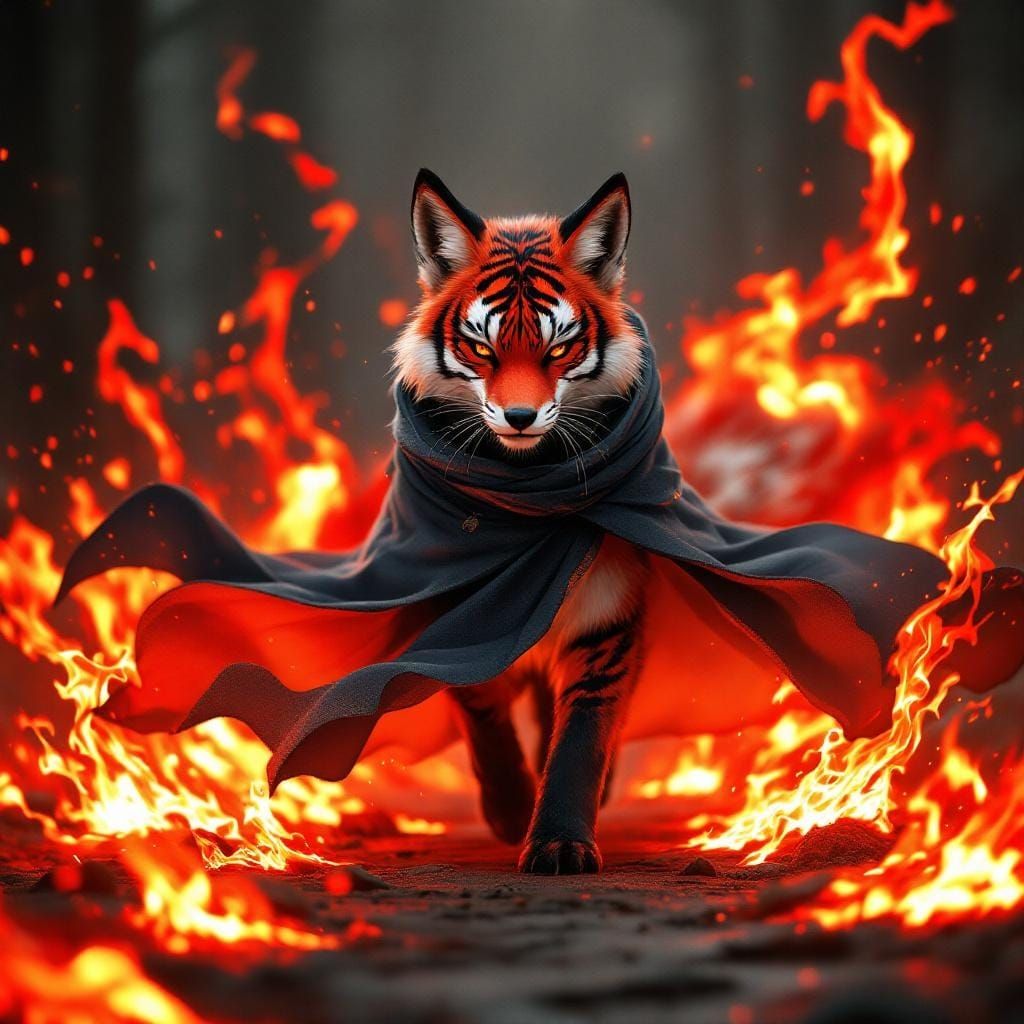 Striped Fox Walking Through Fire, Anime Concept Art