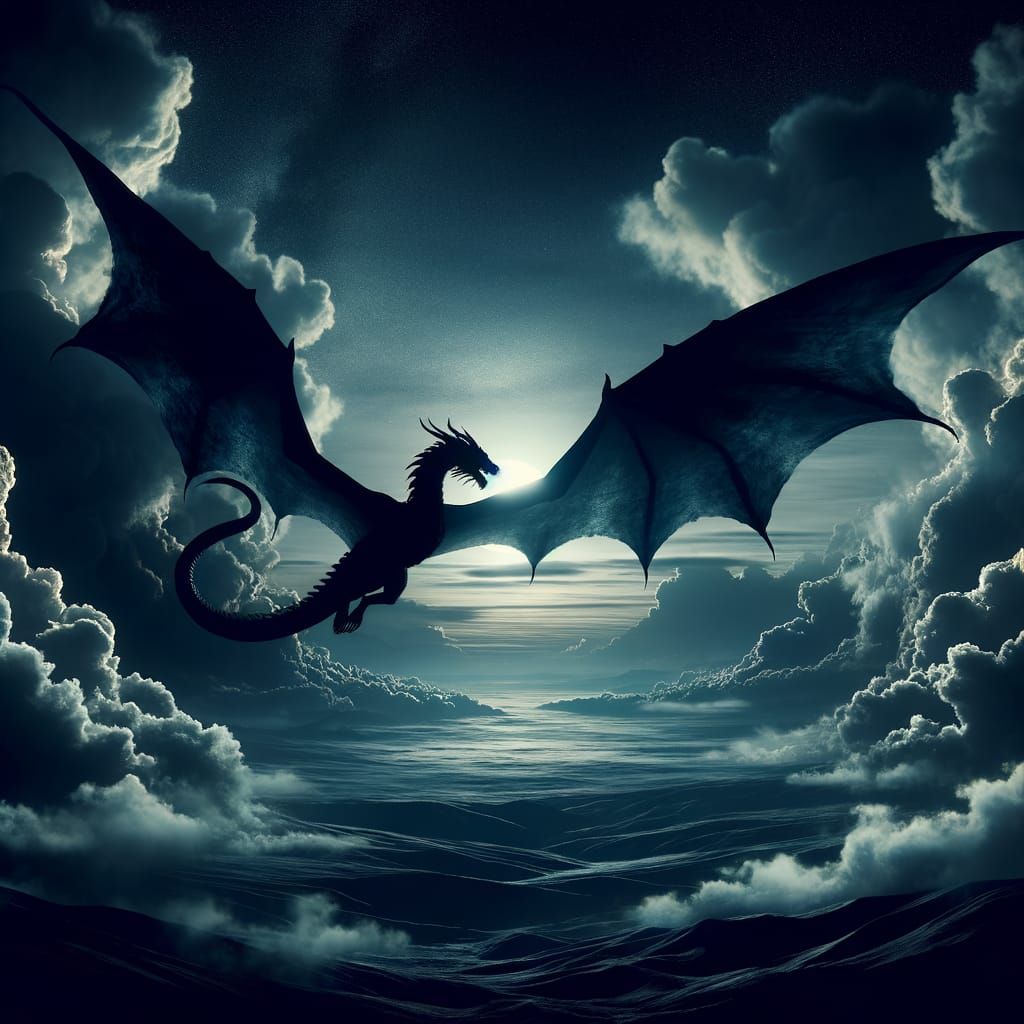Shadowy Dragon Soaring Over a Desolate Landscape