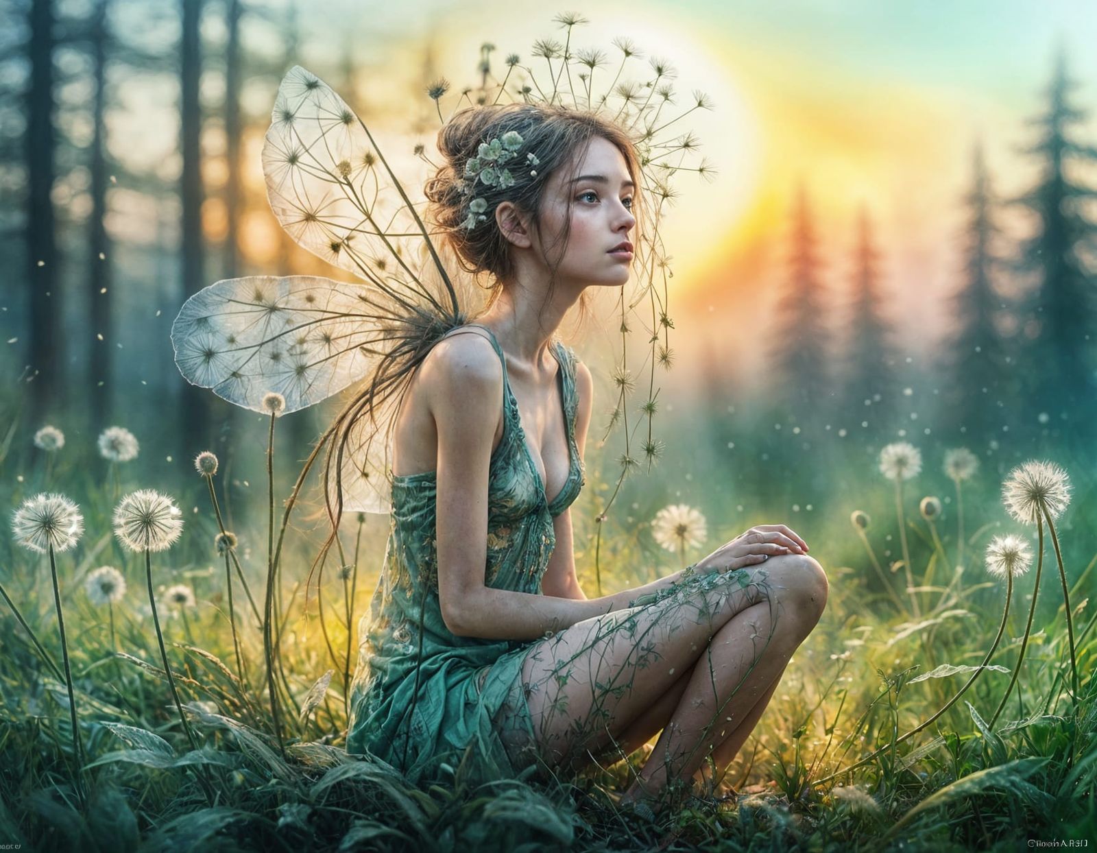 Forest Nymph on Dandelion, Digital Watercolor Art