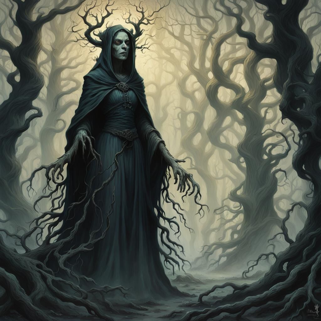 Menacing Witch in Dark Fantasy Forest