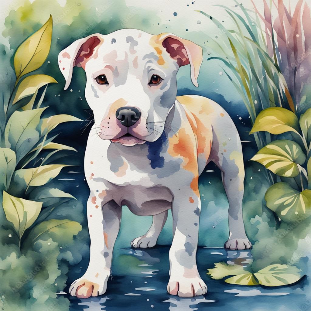 watercolor cute pitbull puppy on the side of a lake surrounded by plants