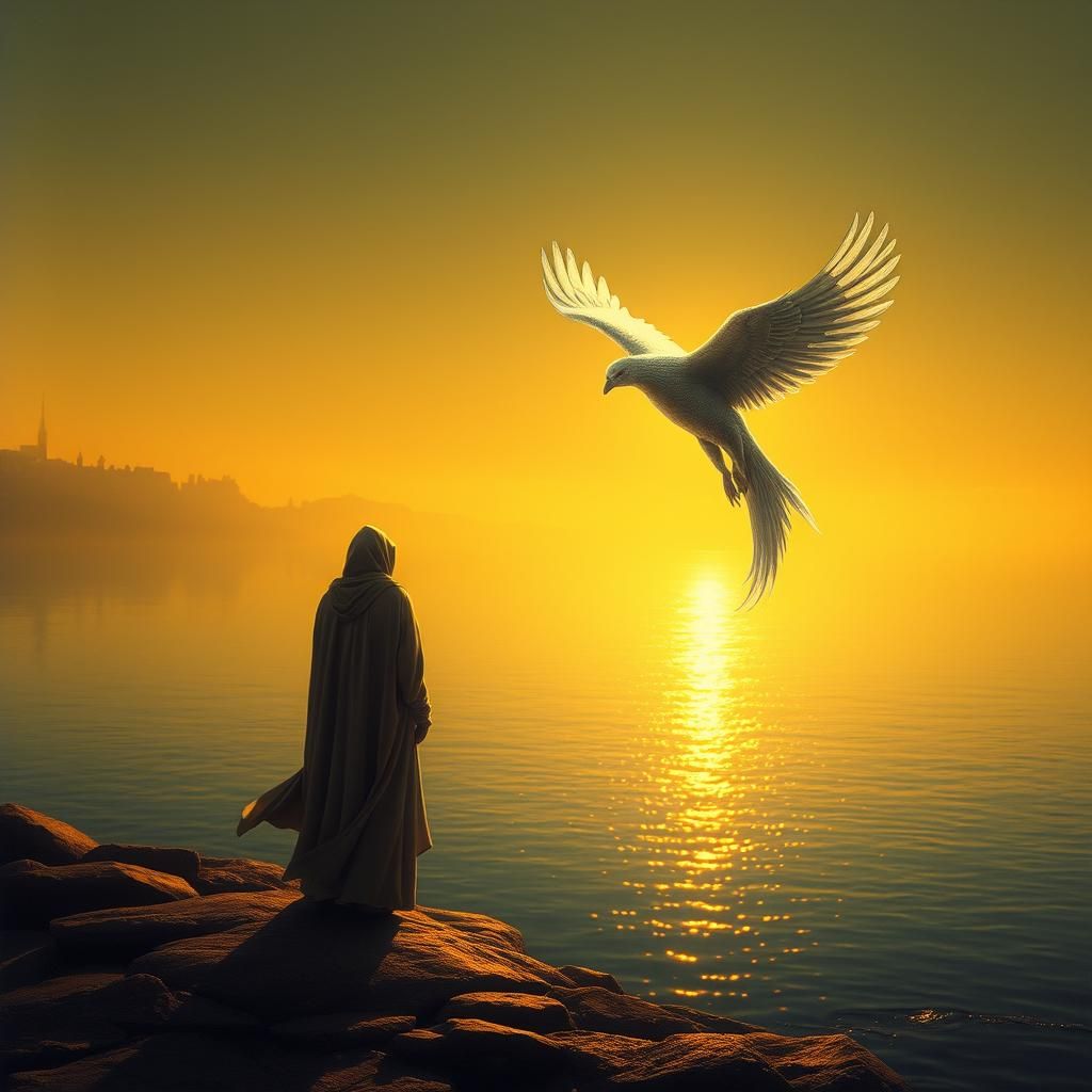 Ethereal Figure at River Bend with Seraphim