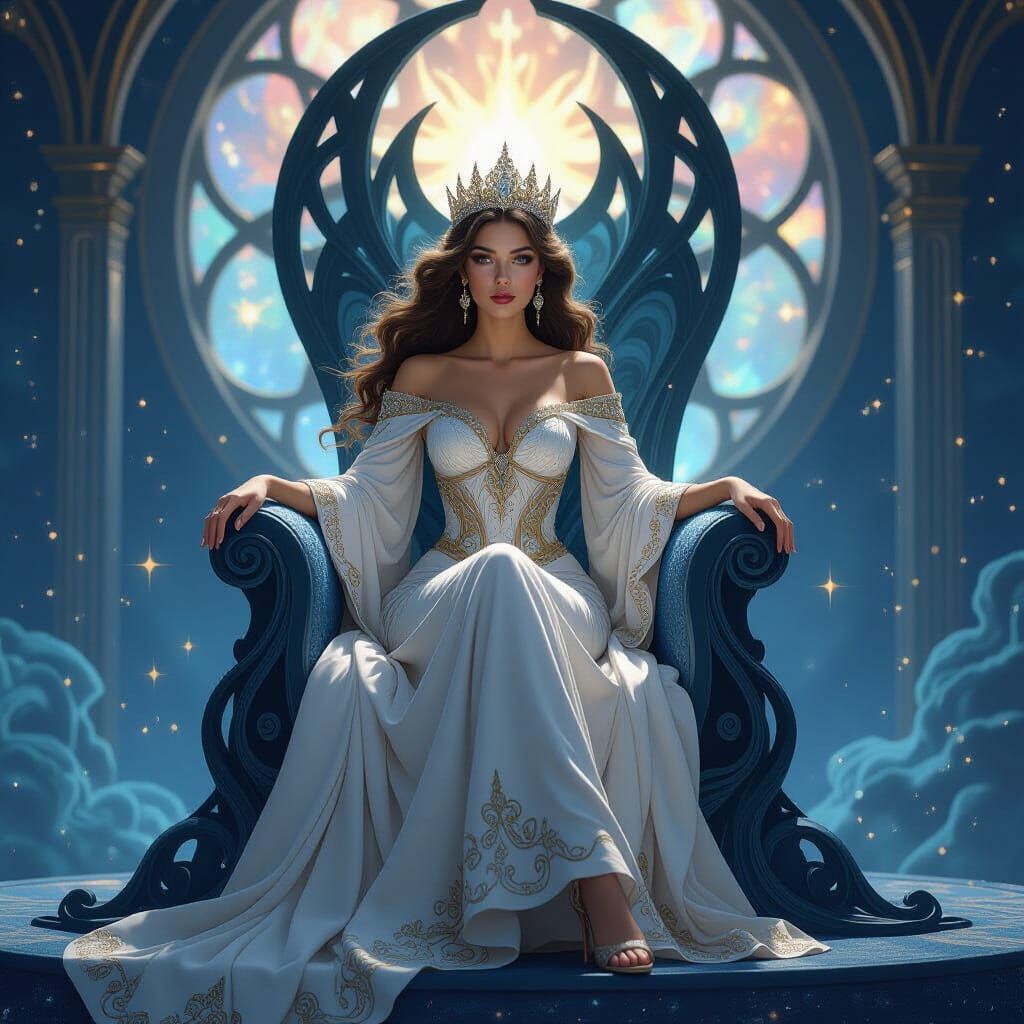Majestic Queen on Cosmic Throne in Art Nouveau Style