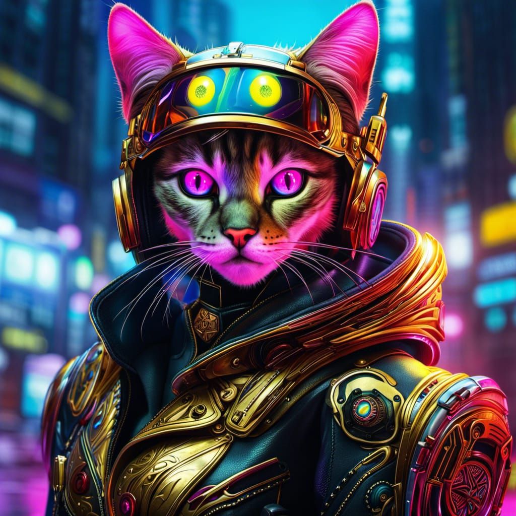 Cyberpunk Cat with Golden Eyes in Anime Style