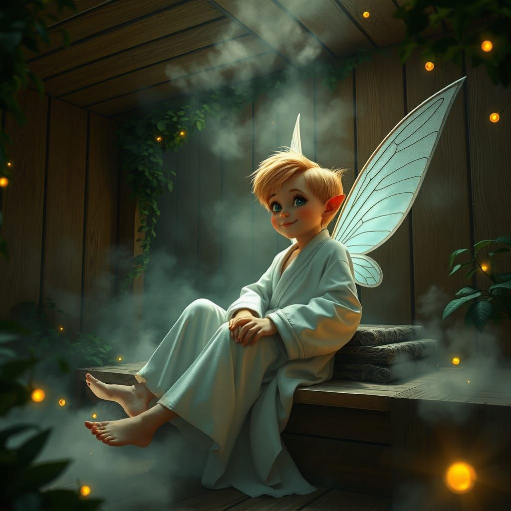 Tinkerbell Relaxing in a Misty Sauna: Fantasy Concept Art