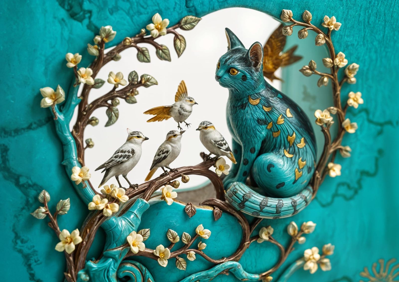 Ornate Turquoise Cat Diorama with Gold Leaf
