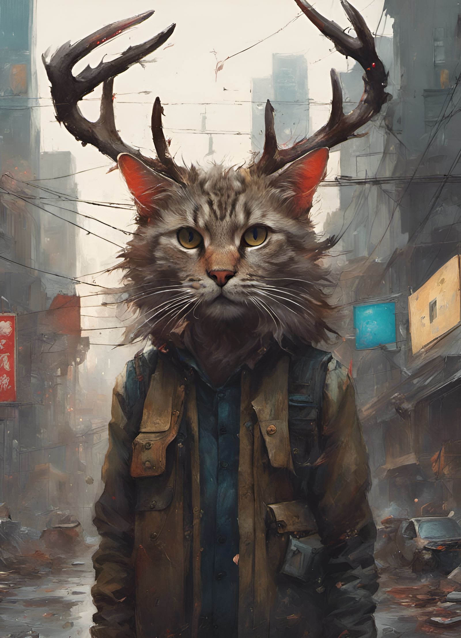 Cyberpunk Antlered Cat Hybrid Portrait