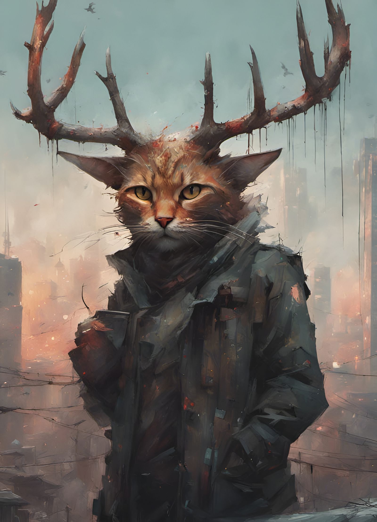 Cyberpunk Antlered Cat Portrait in 8K