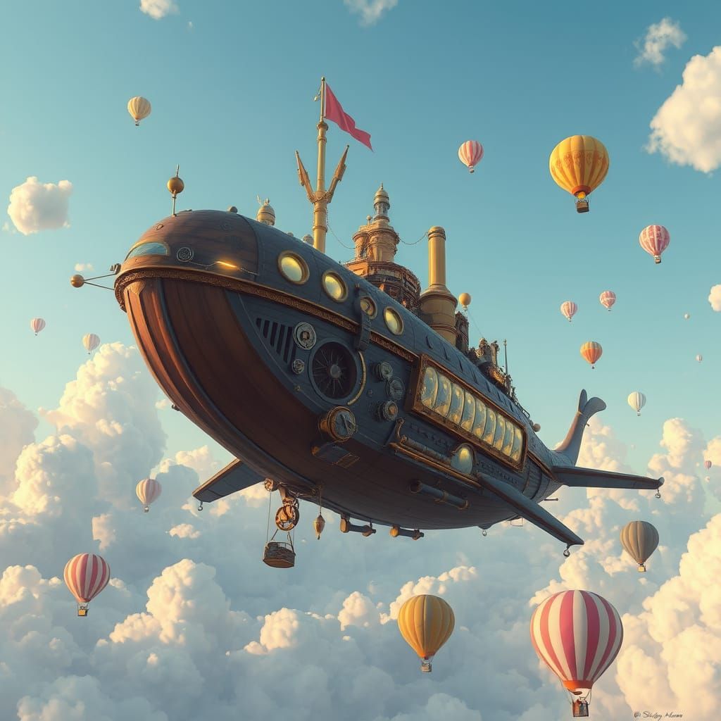 Steampunk Whale Airship in Pastel Sky