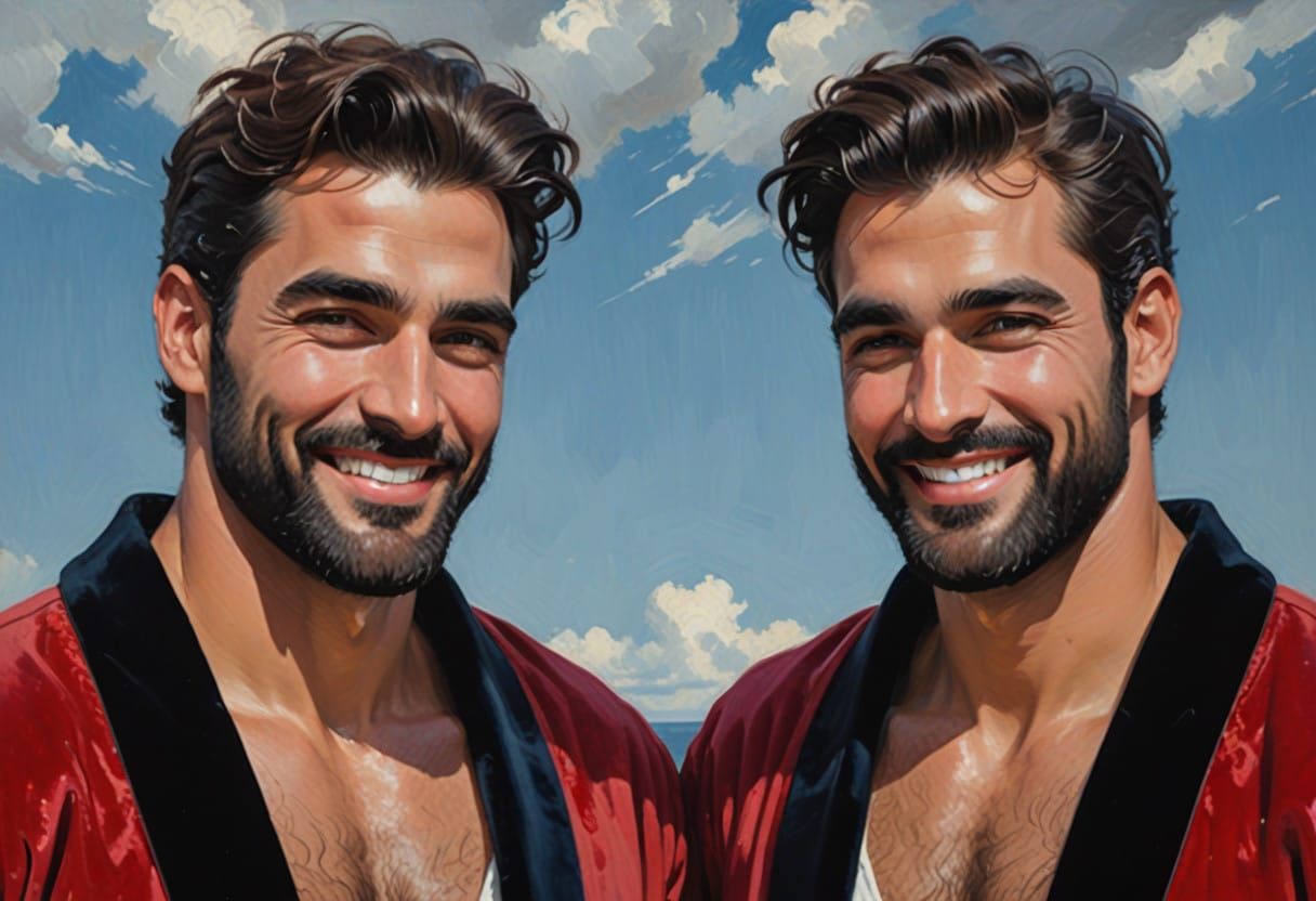 Ethereal Gay Lovers in Red Velvet Bathrobes