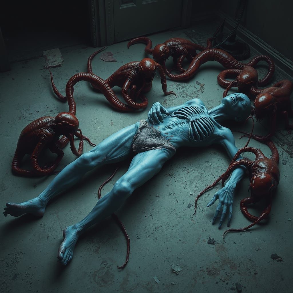 Decaying Body Surrounded by Alien Creatures