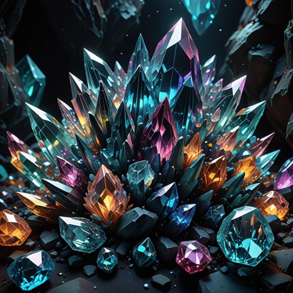 Mystical Crystal Cluster in a Dark Cave