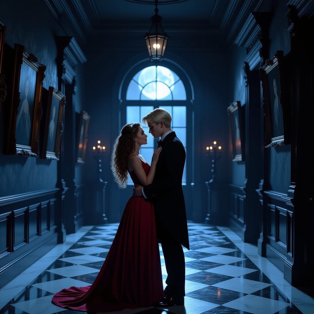 Moonlit Mansion Hallway with Couple, Horror Aesthetic