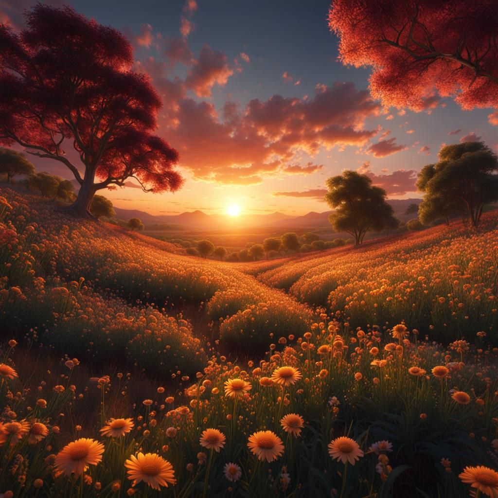 Sunset Over a Camomilla Tomentosa Flower Field