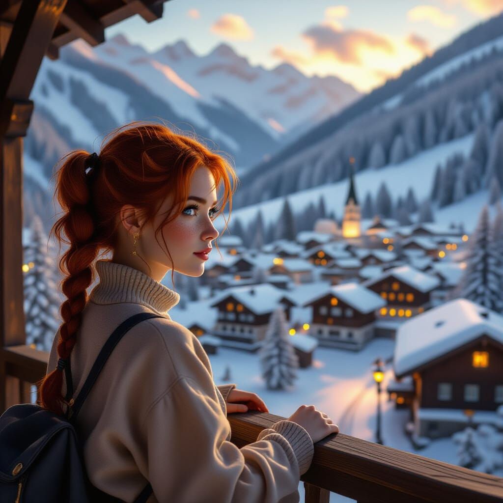 Woman Overlooking Alpine Village at Golden Hour