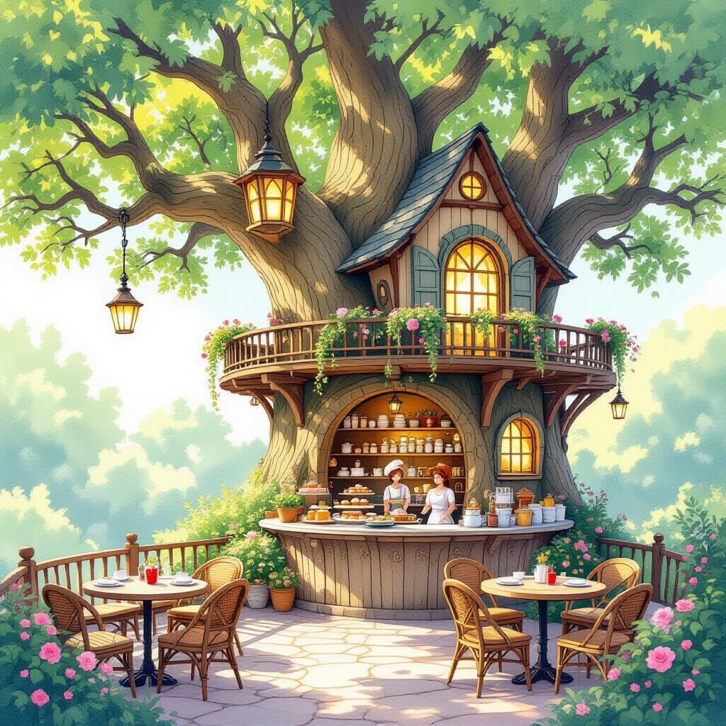 Whimsical Treehouse Cafe in Glowing Ancient Tree