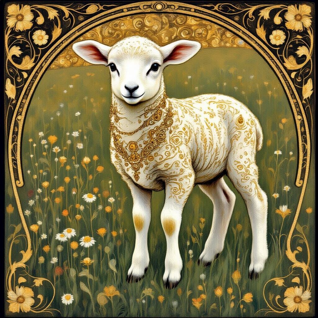 Nervous Lamb in Klimt-Inspired Art Nouveau Meadow