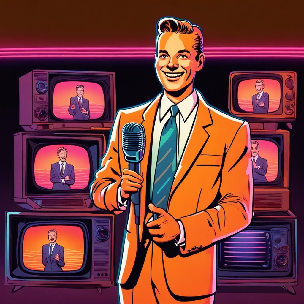 1950s Cartoon Hologram Presenter with Retro Neon Glow